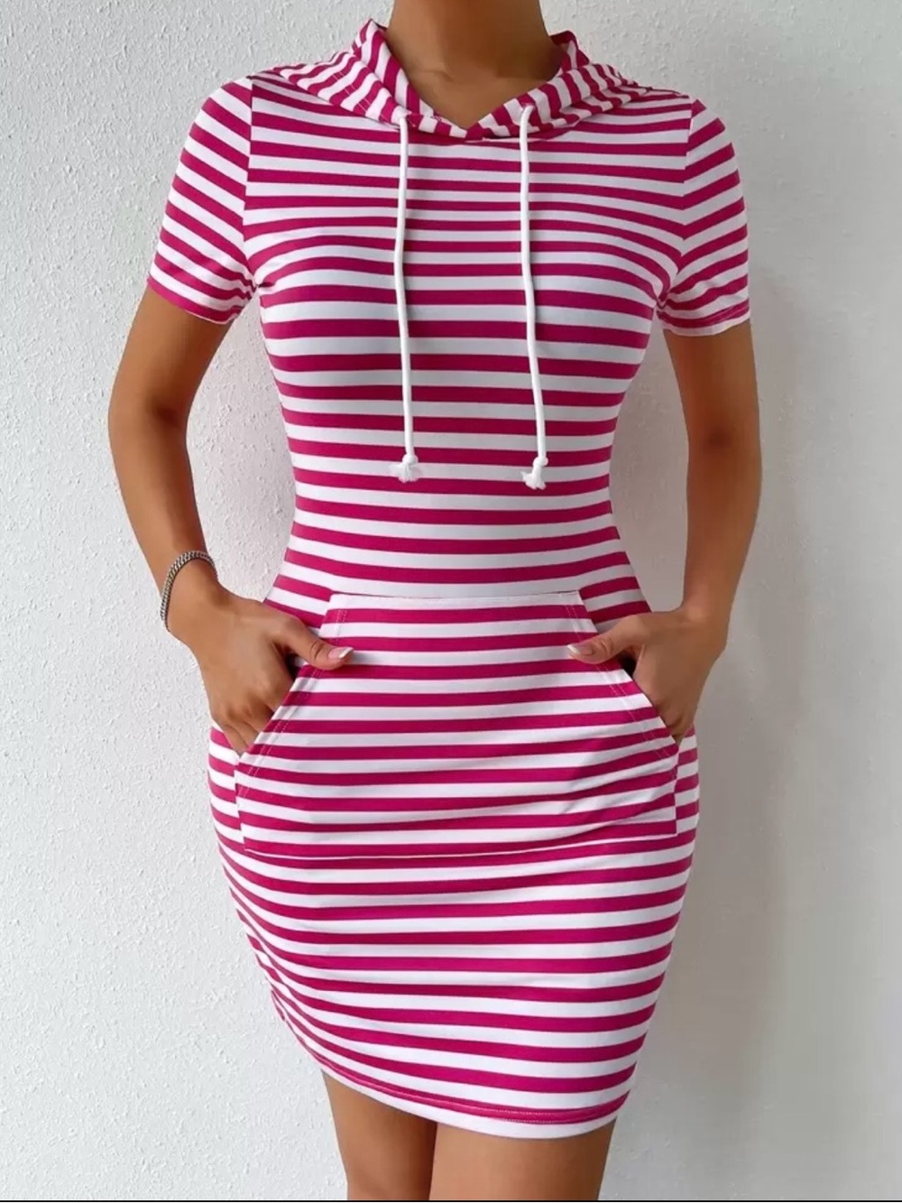 Pink & White Striped Hooded Mini Dress